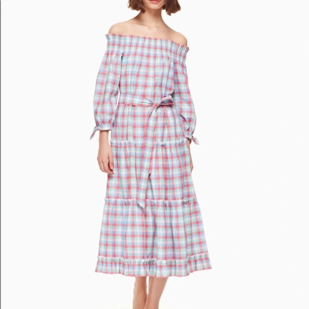 Kate Spade Pink and Blue Plaid Off-Shoulder Midi Dress - Picture 7 of 9